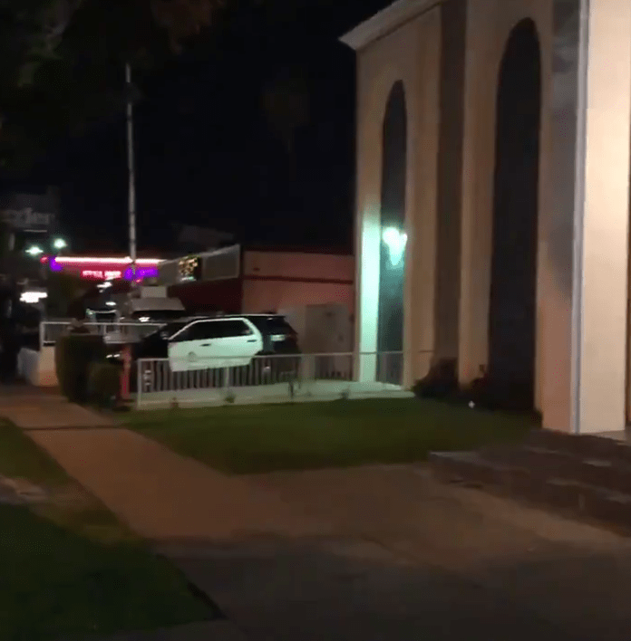  An LAPD patrol car stands guard outside the Islamic Centre of Southern California