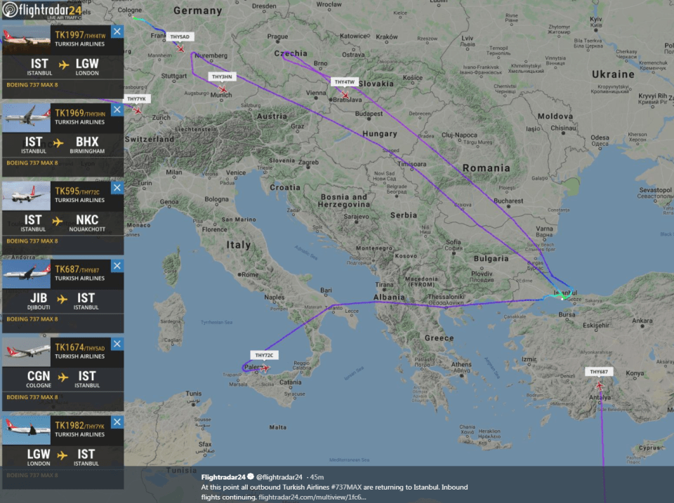  Turkish Airlines planes heading back after they were grounded