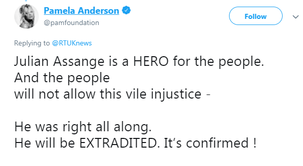  Pal Pamela Anderson tweeted her support for Assange - calling him a 'hero'