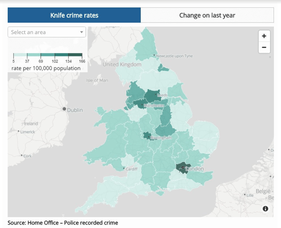  Knife offences were most common among the population in London, Birmingham, Manchester and Leeds