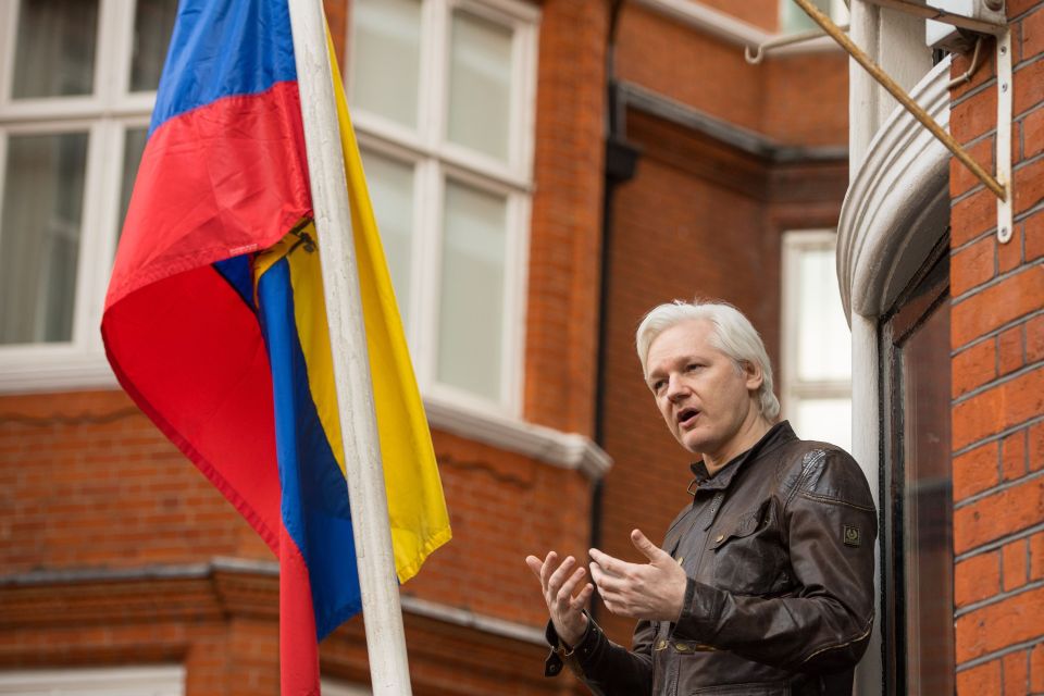  Assange pictured on the balcony of the embassy in 2017