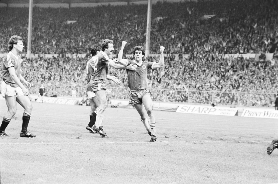  Stevens celebrates his late equaliser for the Seagulls against Man Utd in the 1983 FA Cup final - Brighton lost the replay