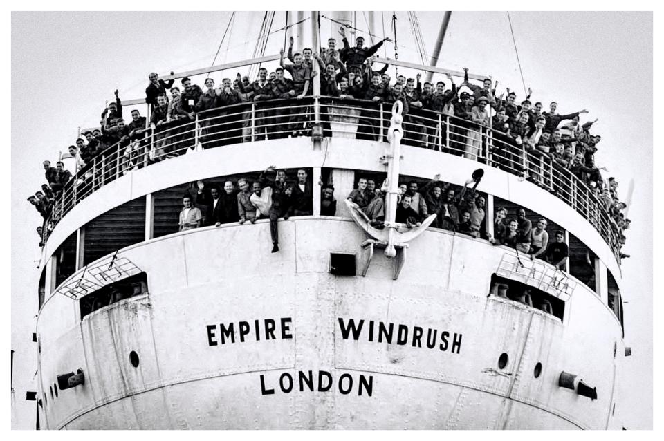  Empire Windrush packed with West Indian immigrants on arrival at the Port of Tilbury on the River Thames on 22 June 1948