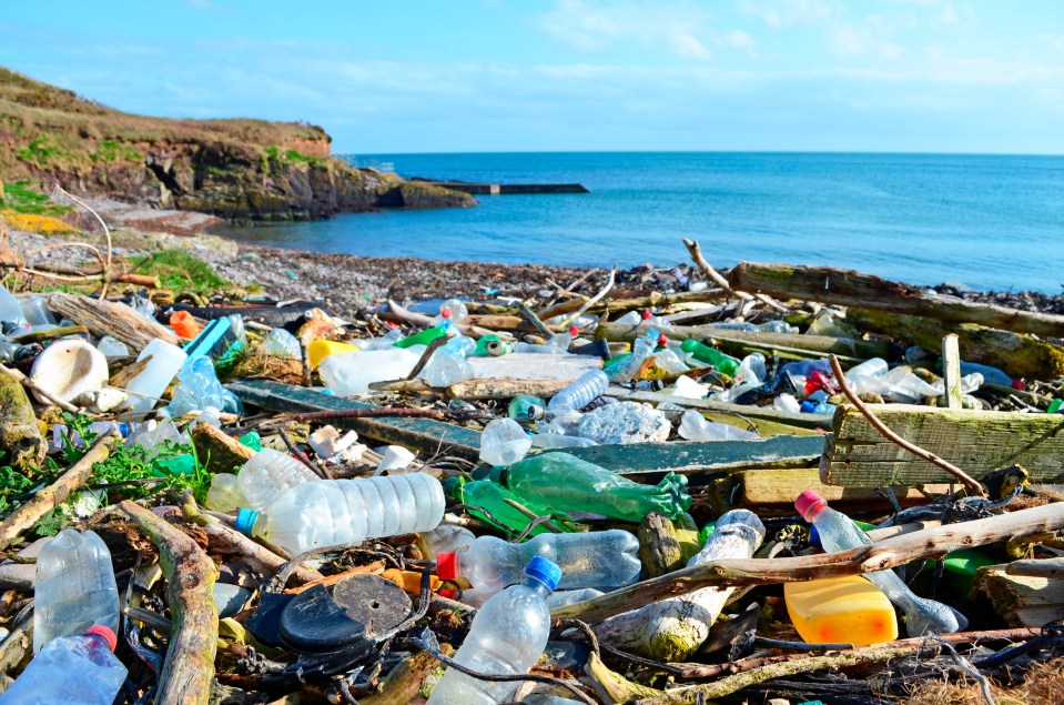  Plastic bottles and other rubbish washed up on a beach in County Cork, Ireland