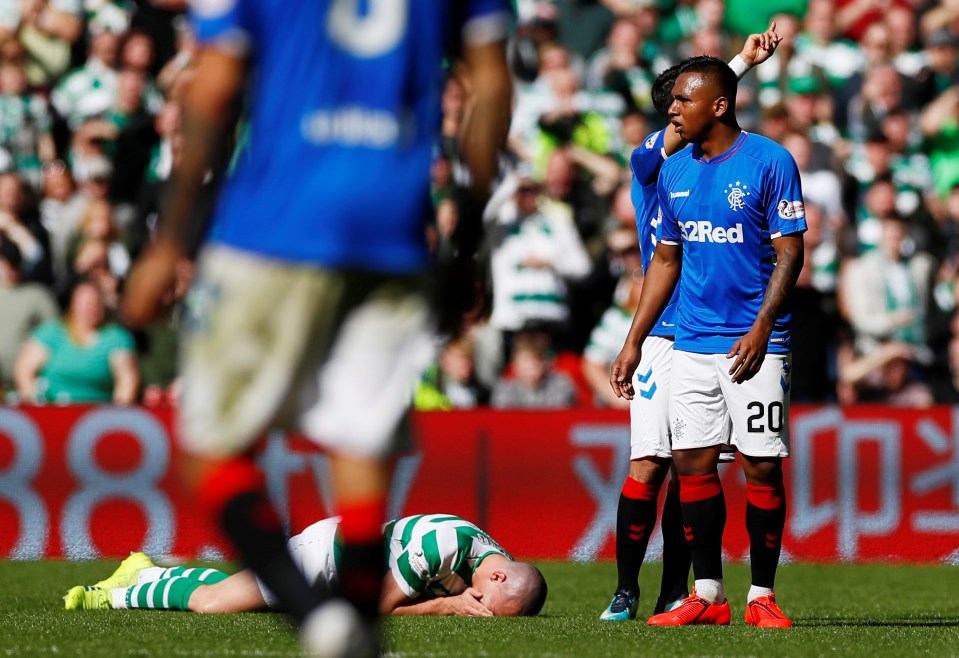  Scott Brown was floored by Rangers striker Alfredo Morelos during the Old Firm