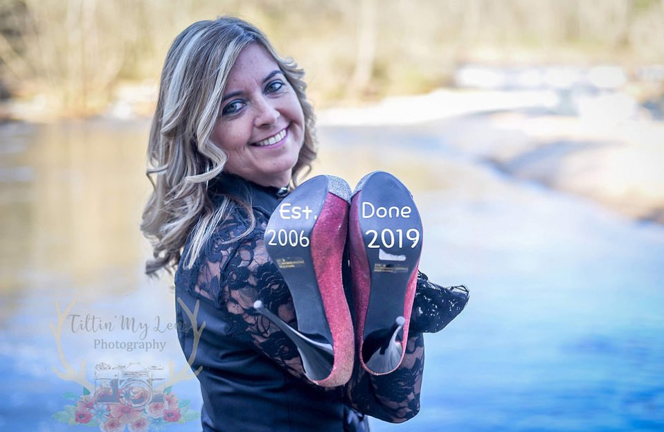  Marie Lollis with high heels stamped with the dates of her 13-year marriage