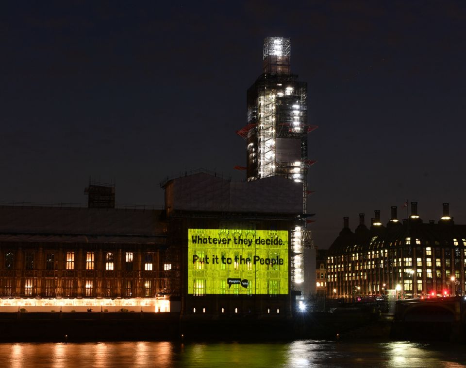  Second referendum campaigners beamed their message onto Parliament tonight