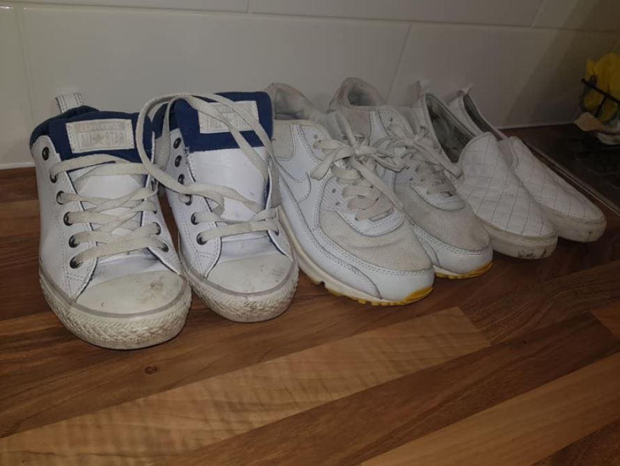  A mum called April shared photos of how she transformed her old trainers using Mrs Hinch's favourite paste, The Pink Stuff