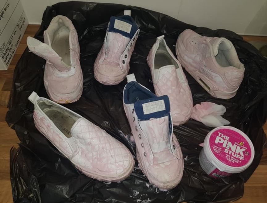  She applied the pink paste to the shoes and left them on, before sponging off after 15 minutes