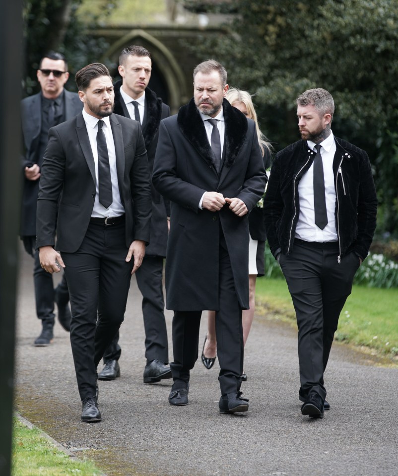  Towie's Mario Falcone arrives at the funeral alongside Mike's manager, Dave Reed