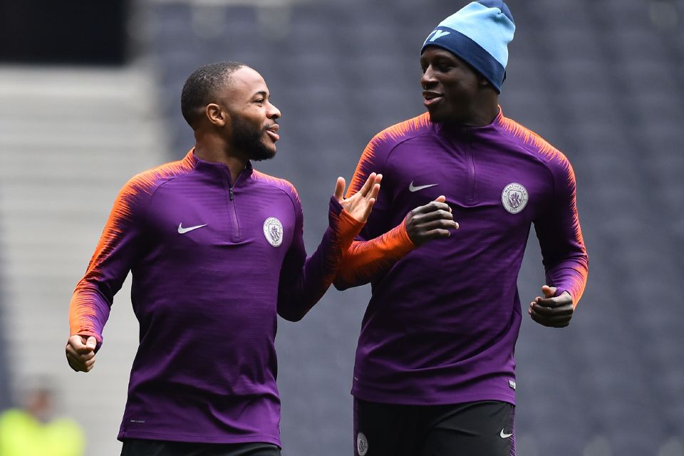  Raheem Sterling, pictured here training with Benjamin Mendy, should start for Manchester City in their Champions League clash against Spurs on Tuesday