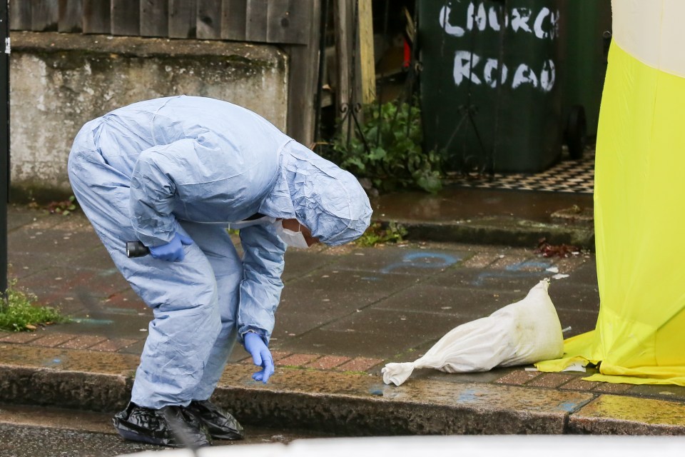  A forensic officer hunts on the ground for clues as cops launch a murder probe