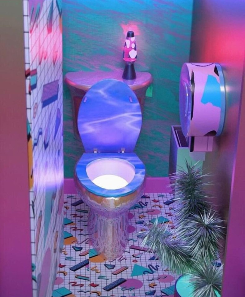  Step back into the 80s with this retro printed neon bathroom