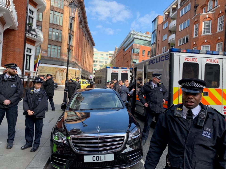  There was a huge police presence outside the Ecuadorian Embassy today as Assange was arrested