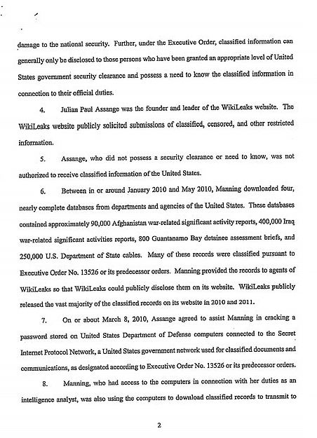  The legal papers accuse Assange of conspiring with Chelsea Manning to get hold of classified information