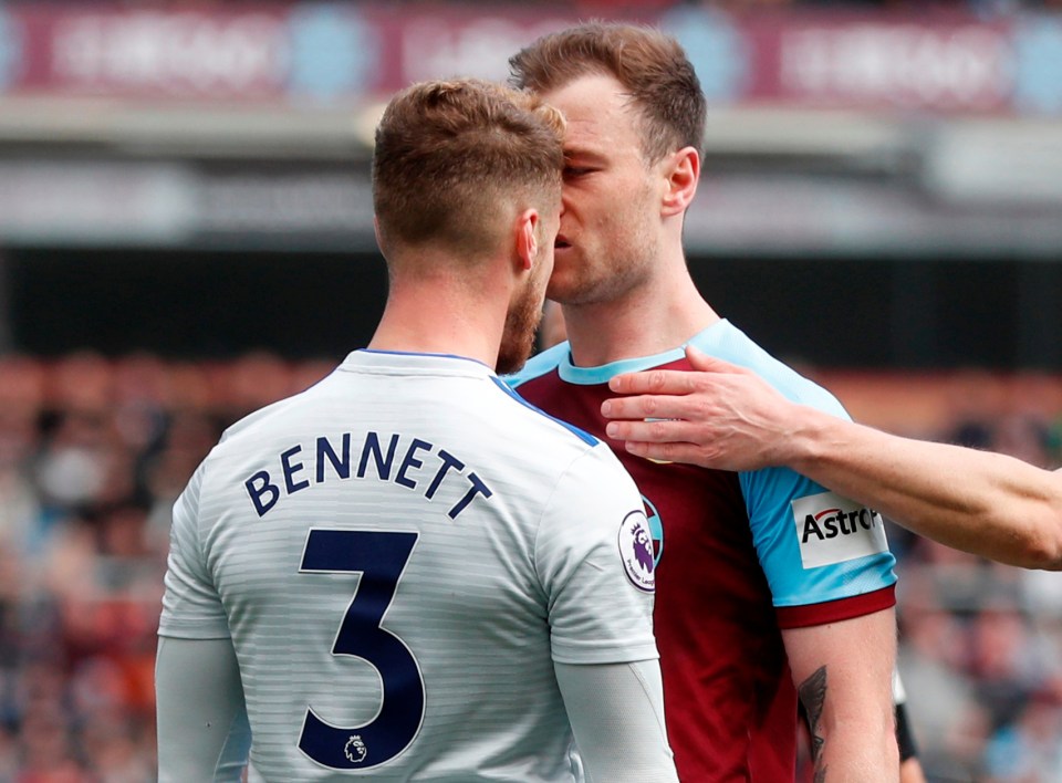  Barnes and Bennett were face-to-face in a heated clash before the Clarets striker puckered up