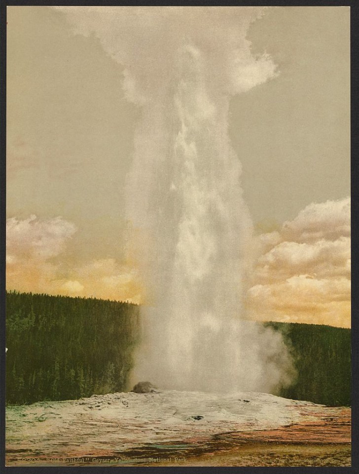 A photochrom of the world famous Old Faithful Geyser at Yellowstone National Park in the 1890s