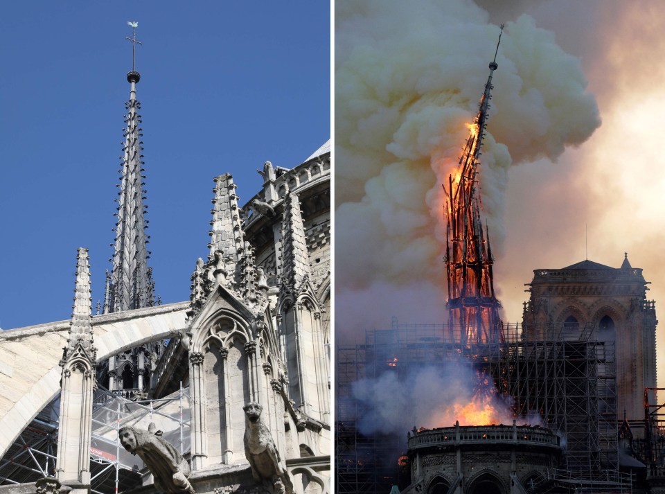 Dramatic pictures show the church’s iconic spire collapsing