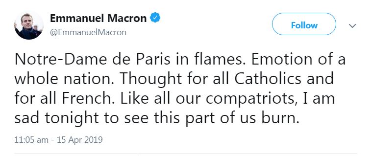 French President Macron expressed his sadness at the devastating fire