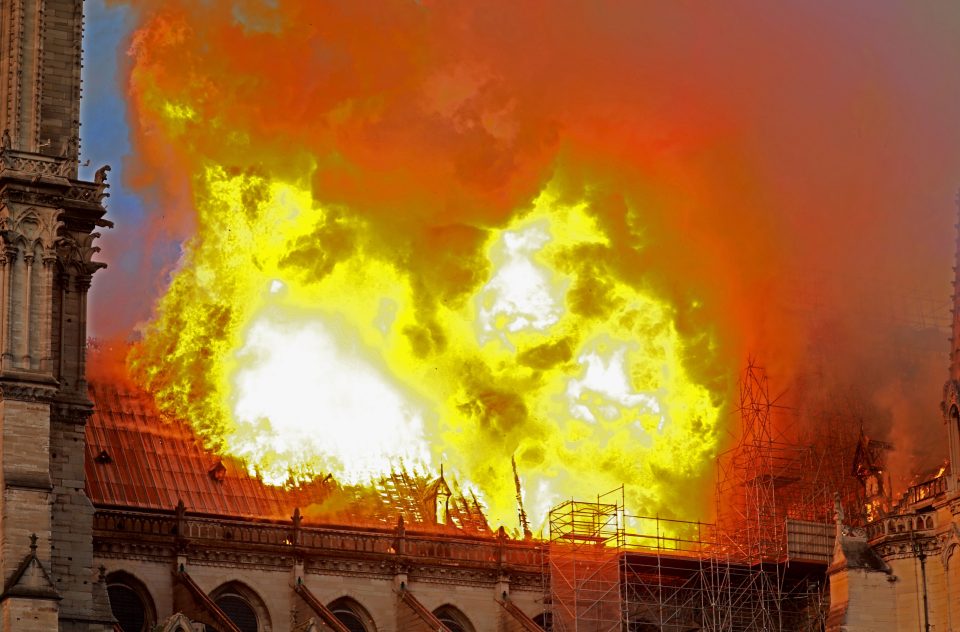  The blaze destroys part of the cathedral's roof