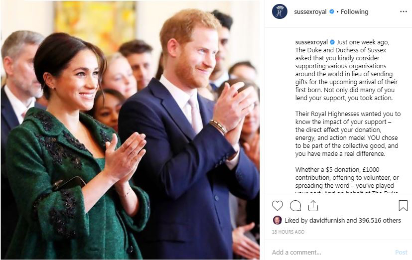  The Duke and Duchess of Sussex thanked wellwishers on Instagram yesterday