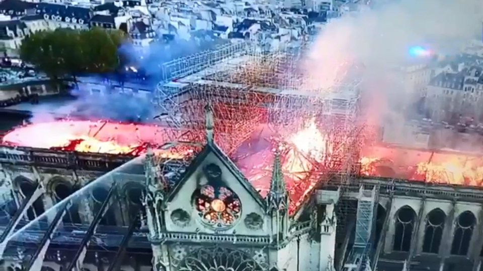 The fire ripped through the roof of the world-famous cathedral