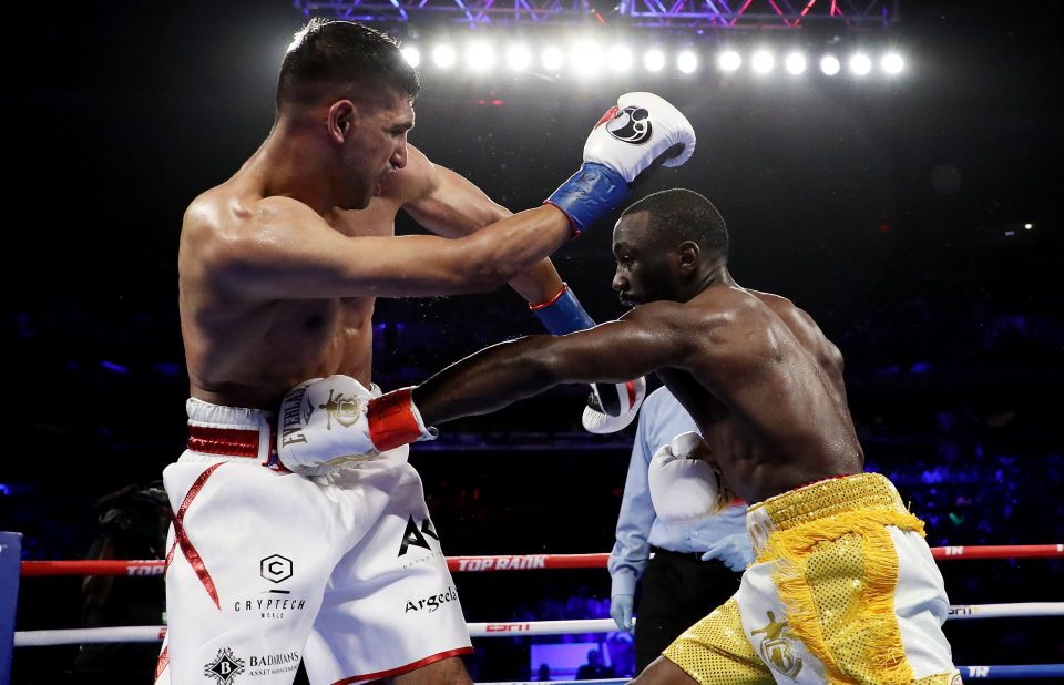  Amir Khan was hit with a low-blow by Terence Crawford and left unable to continue