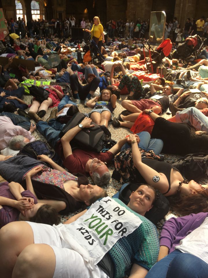  They lay on the floor underneath the famous blue whale skeleton to protest against climate change