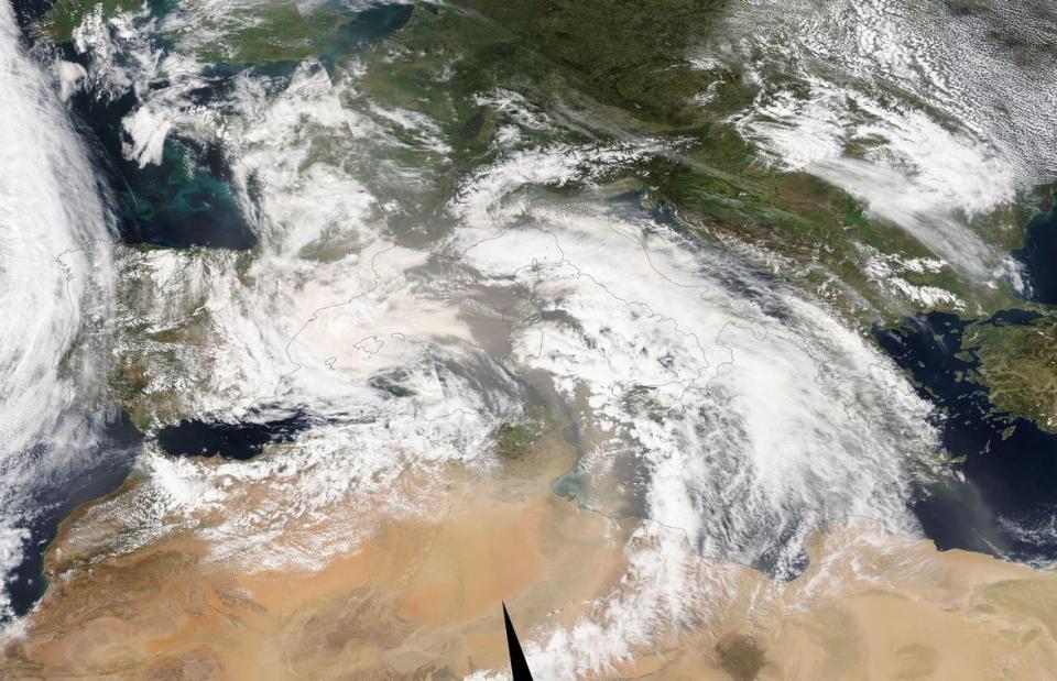 A NASA satellite captured this image of the Saharan dust being pushed across the Mediterranean into Europe