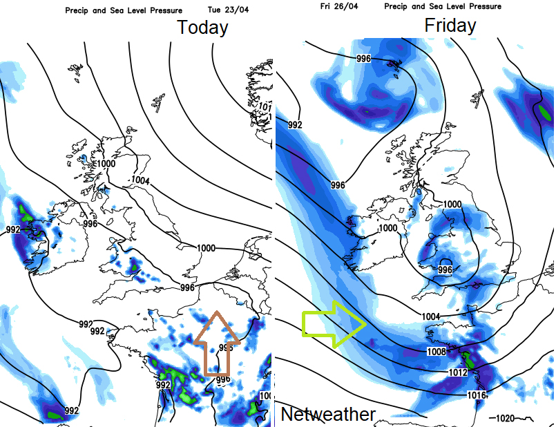 A weather map shows moderate to high levels of air pollution as a Saharan dust cloud moves into the UK