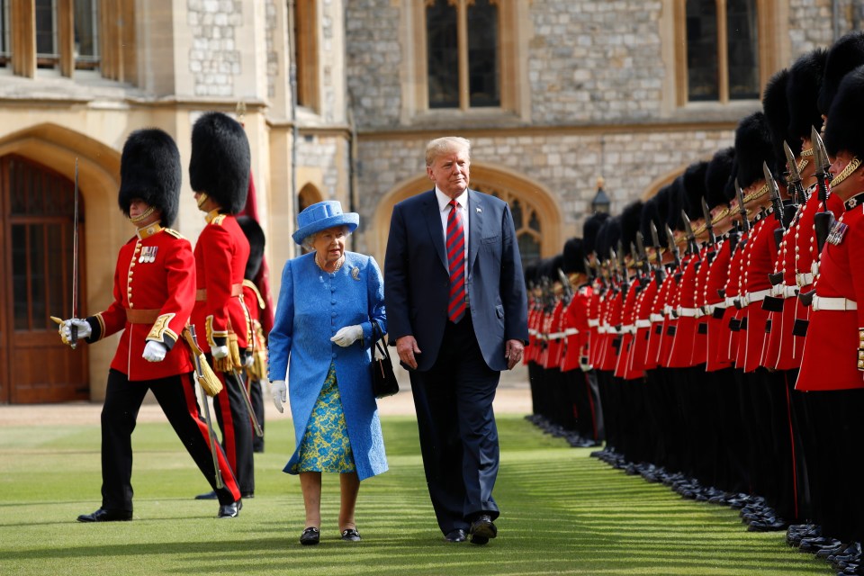  President Trump and the Queen inspect the Guard of Honour at Windsor Castle last summer