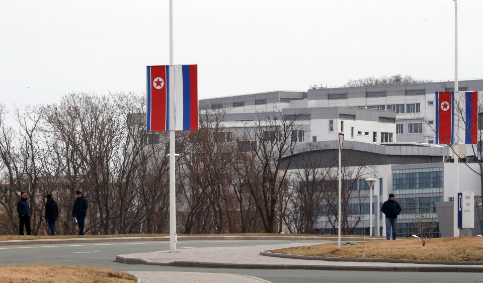  North Korean and Russian flags lined the route to the Far East Federal University on Russky Island in Vladivostok, Russia