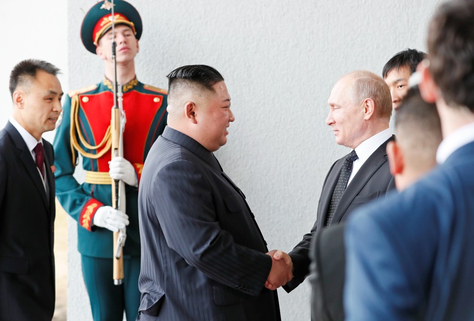  Kim Jong-un is greeted by Russian president Vladimir Putin in Vladivostok as the leaders begin nuclear talks today