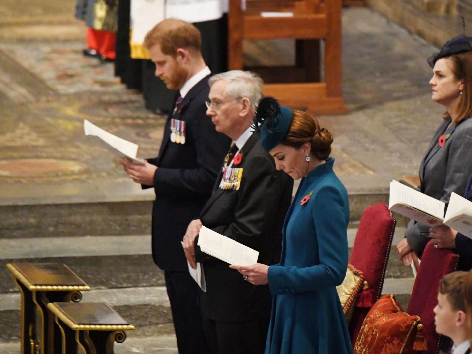  Prince Harry, left, the Duke of Gloucester and Kate Middleton at the Anzac Service in 2019