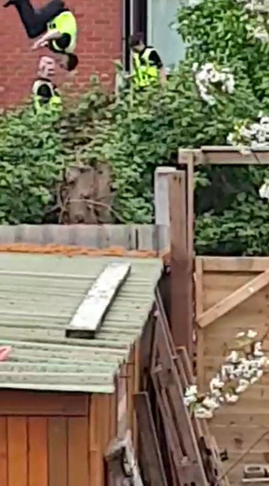 A policeman filmed clowning around on a trampoline during a drug investigation