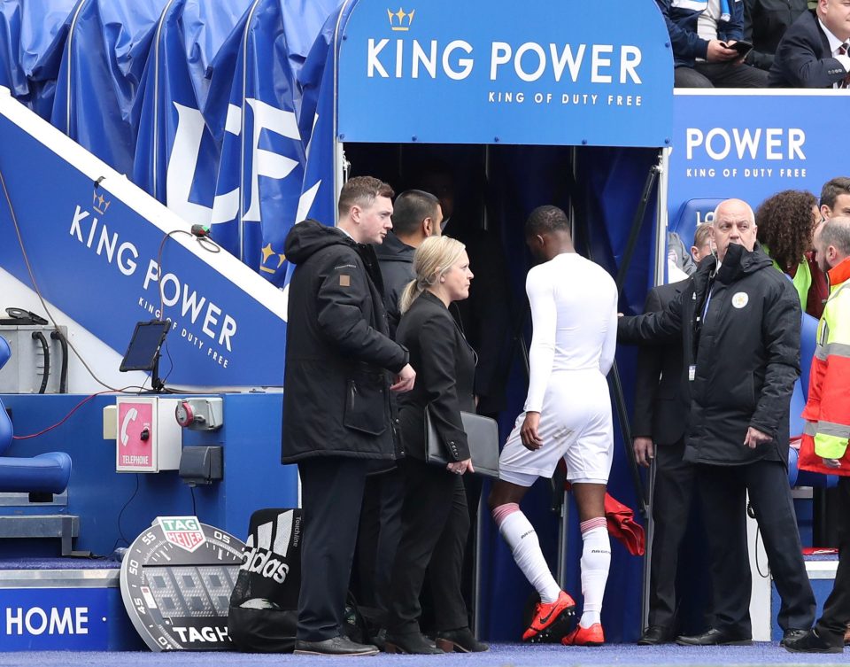  Ainsley Maitland-Niles was sent off by referee Michael Oliver after just 36 minutes for two bookings