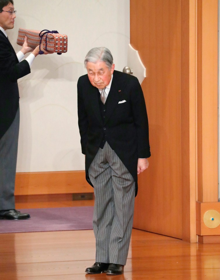 Japan’s Emperor Akihito bows at his abdication ceremony in front of other members of the royal families at the Imperial Palace in Tokyo, Tuesday, April 30