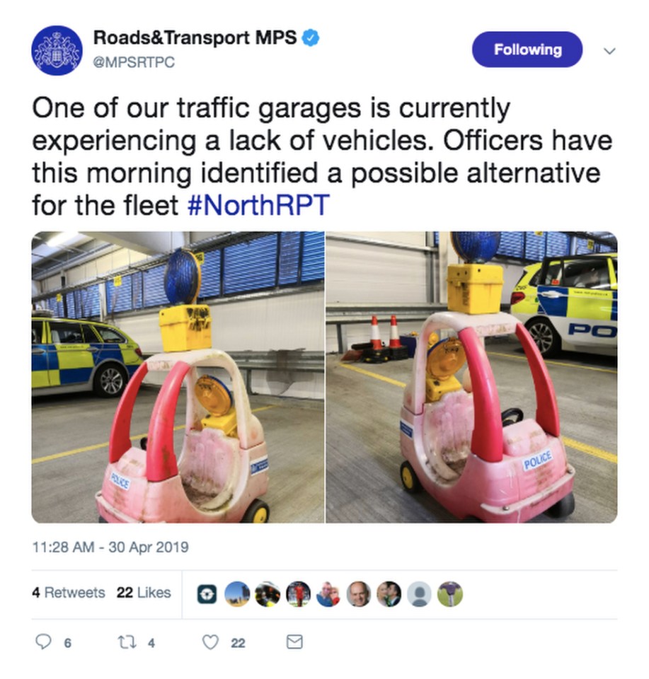 The Met's Police Road and Transport joked the toy car could help solve their vehicle shortage