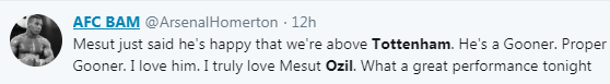 Arsenal fans were delighted with how Mesut Ozil reacted to Arsenal going above Tottenham