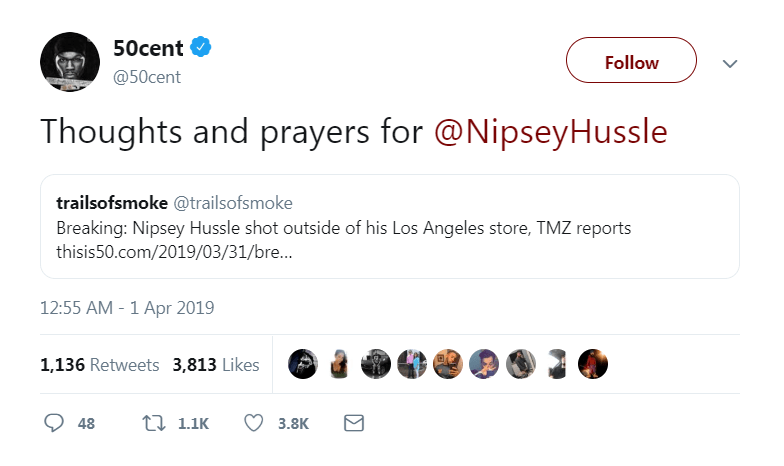  Rapper 50 Cent paid tribute to the rapper - saying that he was sending his 'thoughts and prayers' before his death was confirmed