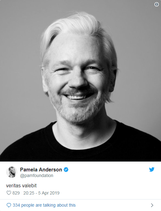  Pamela Anderson, who notably visited Assange in prison, tweeted a picture of him captioned 'veritas valebit', which translates as 'the truth will prevail'