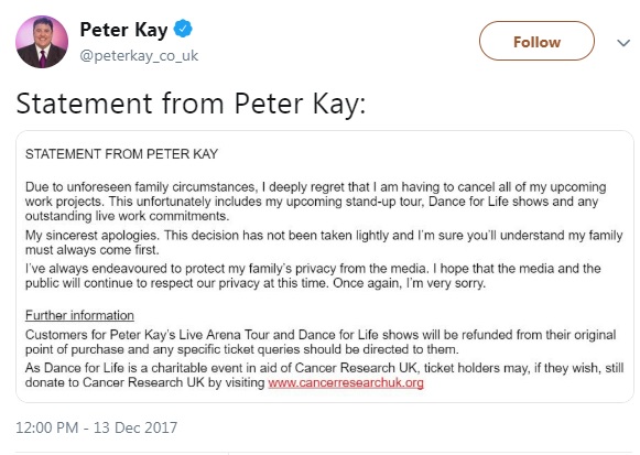  Peter's statement cancelling his arena tour in 2017