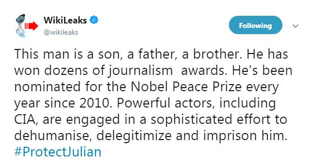  WikiLeaks accused the CIA and other actors of 'dehumanising' their founder Julian Assange in this tweet