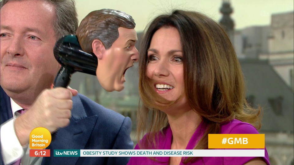  Susanna's co-host cheered her up by blowing a hairdryer with Piers'ss face on it at her