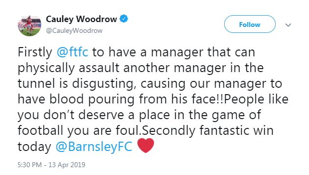 Barnsley forward Cauley Woodrow tweeted this about the scrap before deleting it