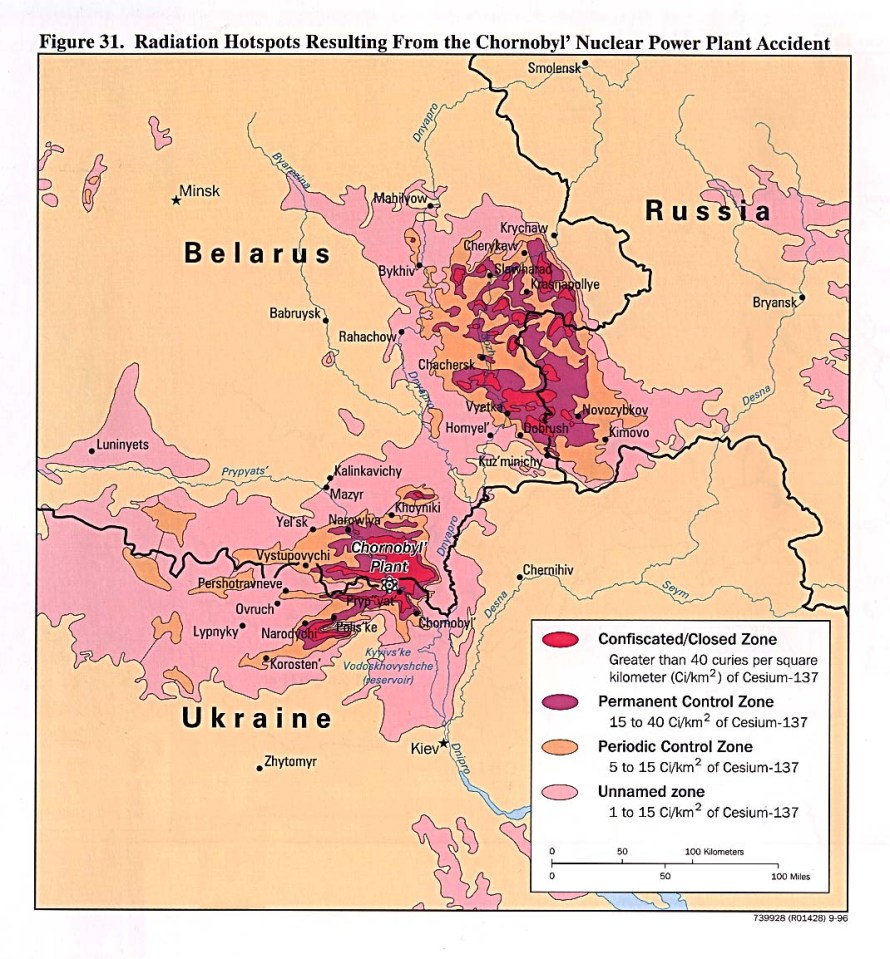  Chernobyl radiation map 600 kilometres wide, 1996