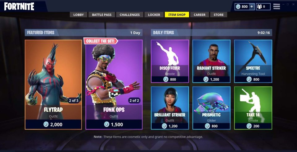  The Fortnite item store only features specific items for a very limited period of time