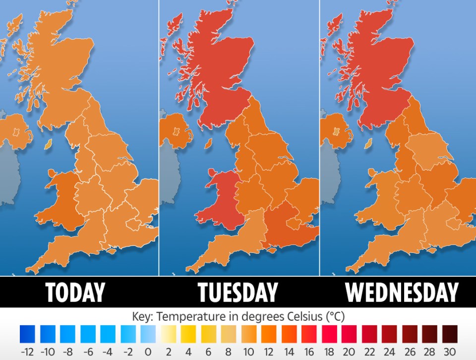  UK weather forecast for today, Tuesday and Wednesday