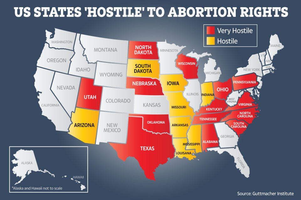  The US states which are now 'hostile' towards abortion rights according to researchers at the Guttmacher Institute