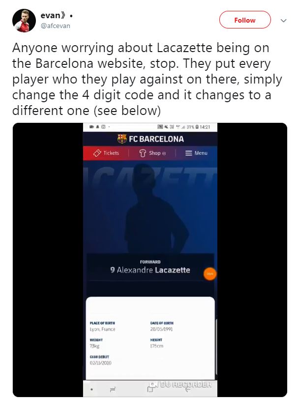  Twitter user @afcevan had the perfect explanation for why Lacazette was on Barcelona's website